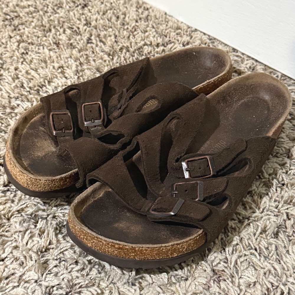 Birkenstock Florida Suede Sandals Brown 3-Strap Buckle Slides 38 L7 M5